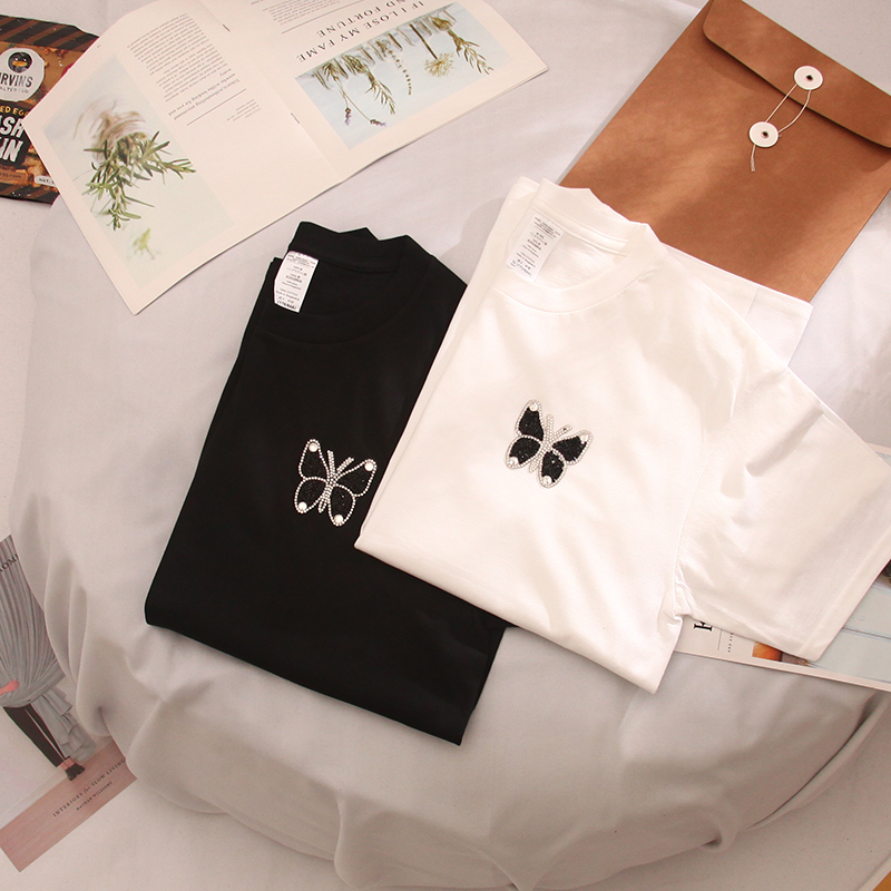 LAFLOF/劳夫洛夫2021夏情侣装潮牌蝴蝶半袖烫钻ins棉大码宽松t恤