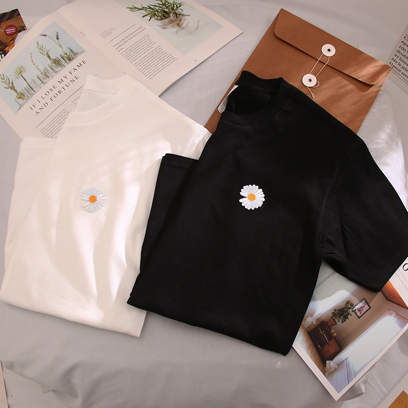 网红港风小雏菊刺绣t恤男女短袖韩版宽松学生bf风大码半袖ins潮牌