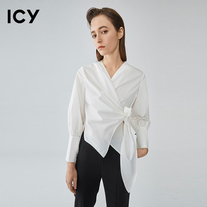 icy2020春季新款v领简约气质修身系带衬衫女双色长袖设计感衬衣 - icy