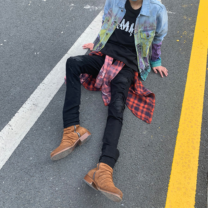 amiri牛仔裤修身真牛牛皮拼皮水洗破坏欧美弹力牛仔裤