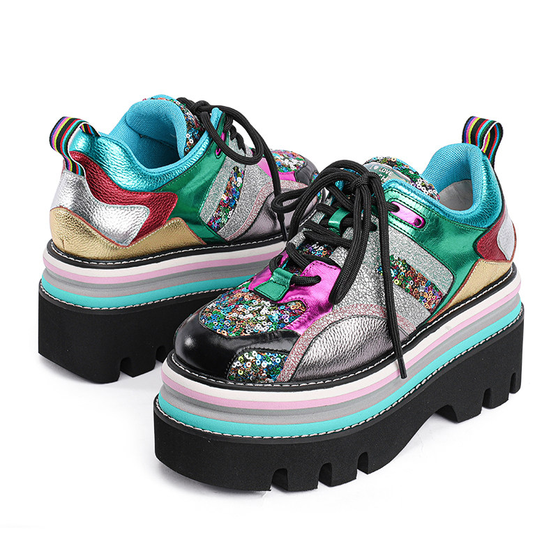 foxychic彩色松糕鞋女厚底真皮2021秋新款亮片增高休闲单鞋潮流