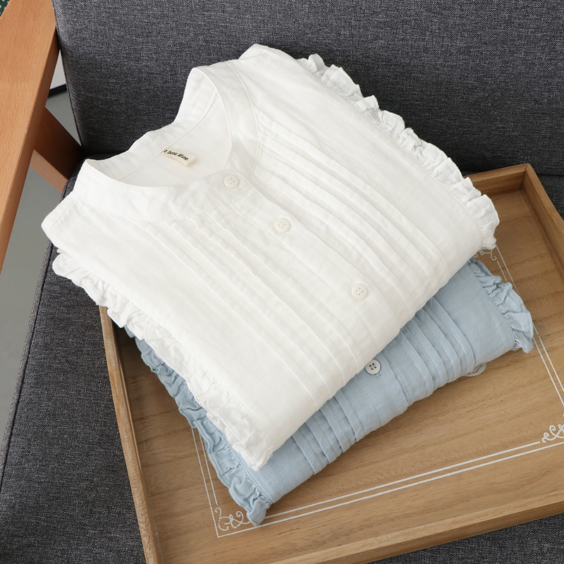日系甜美文艺立领小清新白衬衫全棉双纱布宽松打底衬衣女2020春秋