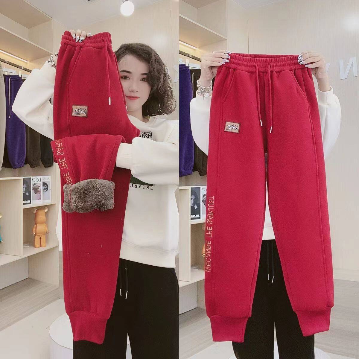 红色冬季休闲裤女羊羔毛高腰宽松显瘦加绒加厚运动裤直筒束脚卫裤