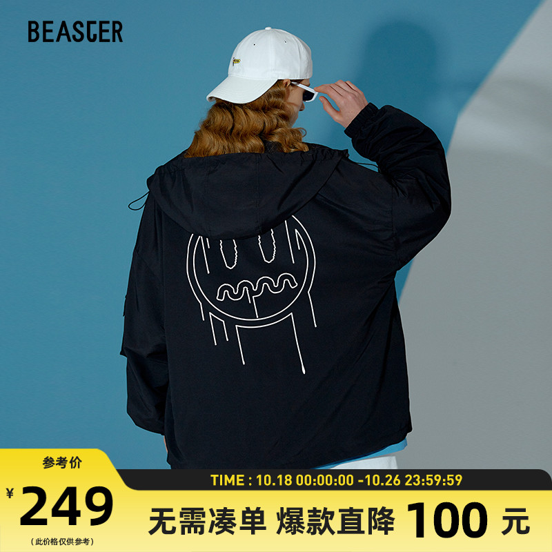 BEASTER春秋外套小恶魔鬼脸外衣反光标工装宽松连帽拉链装饰夹克
