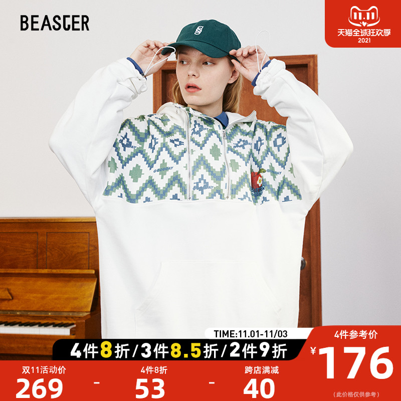 BEASTER小恶魔鬼脸潮流休闲套头拼接菱形格纹针织连帽卫衣