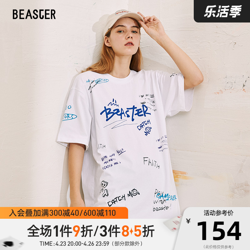 BEASTER小恶魔笑脸短袖T恤情侣装涂鸦满印潮牌纯棉潮流夏宽松半袖