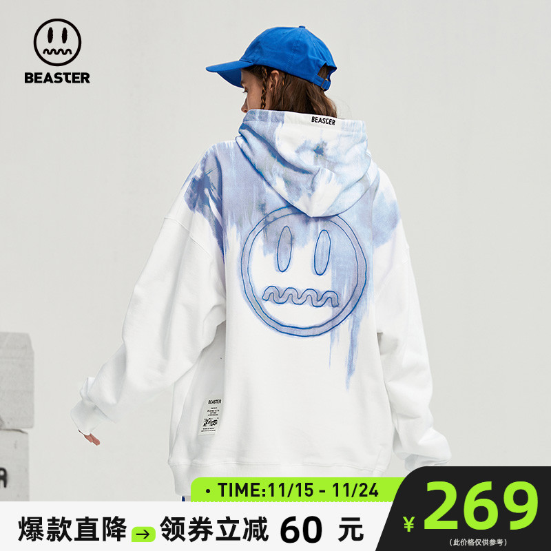 BEASTER小恶魔鬼脸扎染印花潮流卫衣街头机能风宽松连帽落肩上衣
