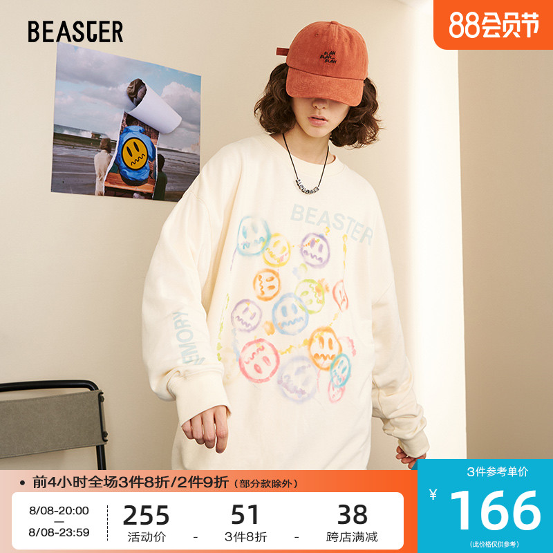 BEASTER小恶魔笑脸套头舒适潮宽松印花字母图案针织圆领长袖卫衣