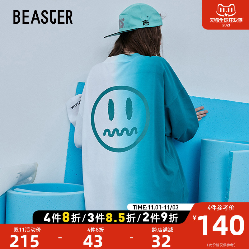 BEASTER 小恶魔鬼脸情侣潮牌嘻哈渐变色长袖T恤男宽松国潮上衣ins