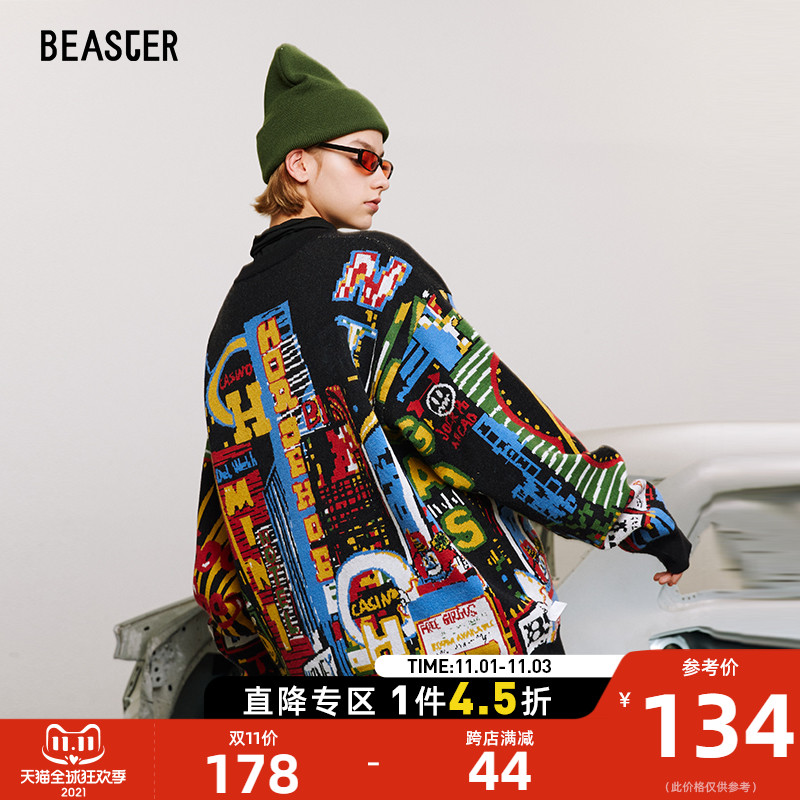 BEASTER小恶魔鬼脸潮流风毛衣趣味图案前卫新款宽松圆领针织衫男