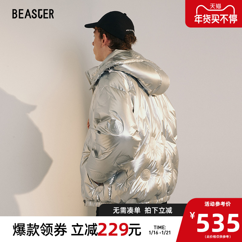 BEASTER小恶魔鬼脸明星同款可拆卸帽子潮流印花时尚保暖羽绒服男