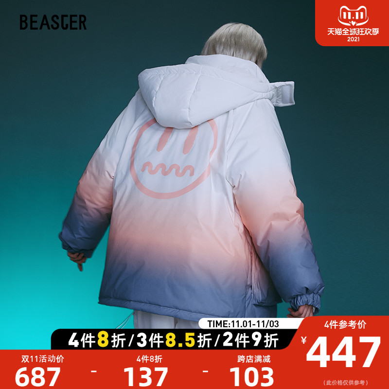 BEASTER小恶魔鬼脸羽绒服男渐变冬保暖潮连帽宽松外套国潮