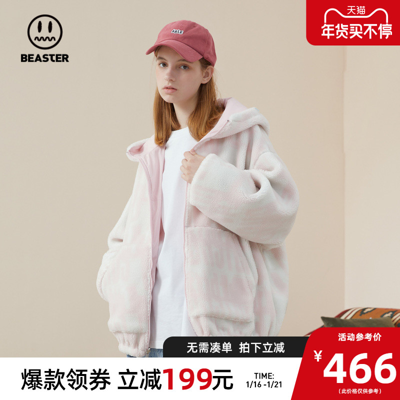 BEASTER小恶魔鬼脸两面穿夹克工装休闲机能撞色仿羊羔绒连帽外套