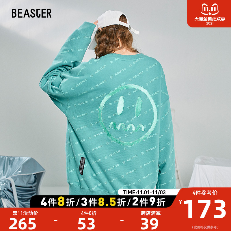 BEASTER小恶魔满印鬼脸圆领卫衣男秋季刺绣长袖套头情侣装宽松潮