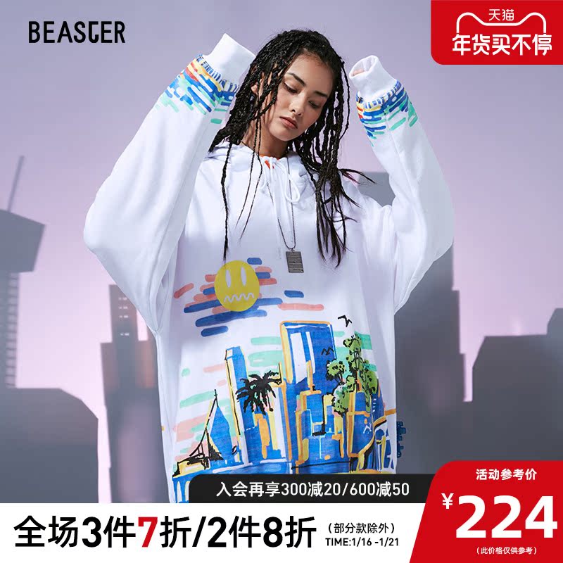 BEASTER小恶魔笑脸slogan卫衣潮牌城市印花潮流宽松春秋连帽帽衫