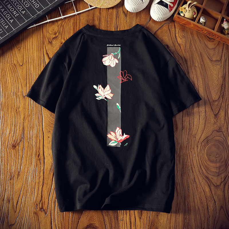 短袖T恤男中国风印花潮流宽松大码纯棉打底衫半袖体恤黑色上衣服
