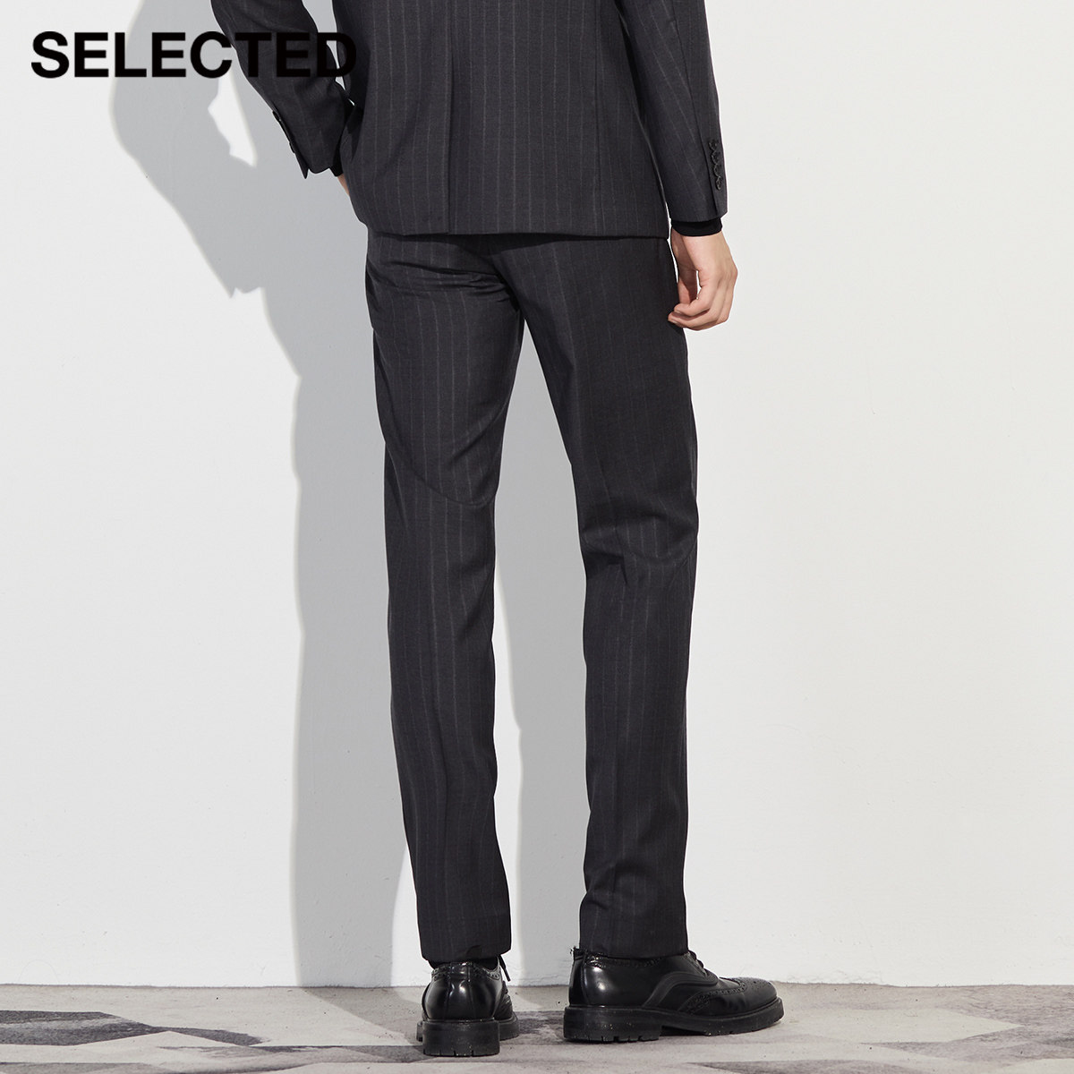 selected思莱德新款时尚条纹羊毛直筒商务西装长裤西裤