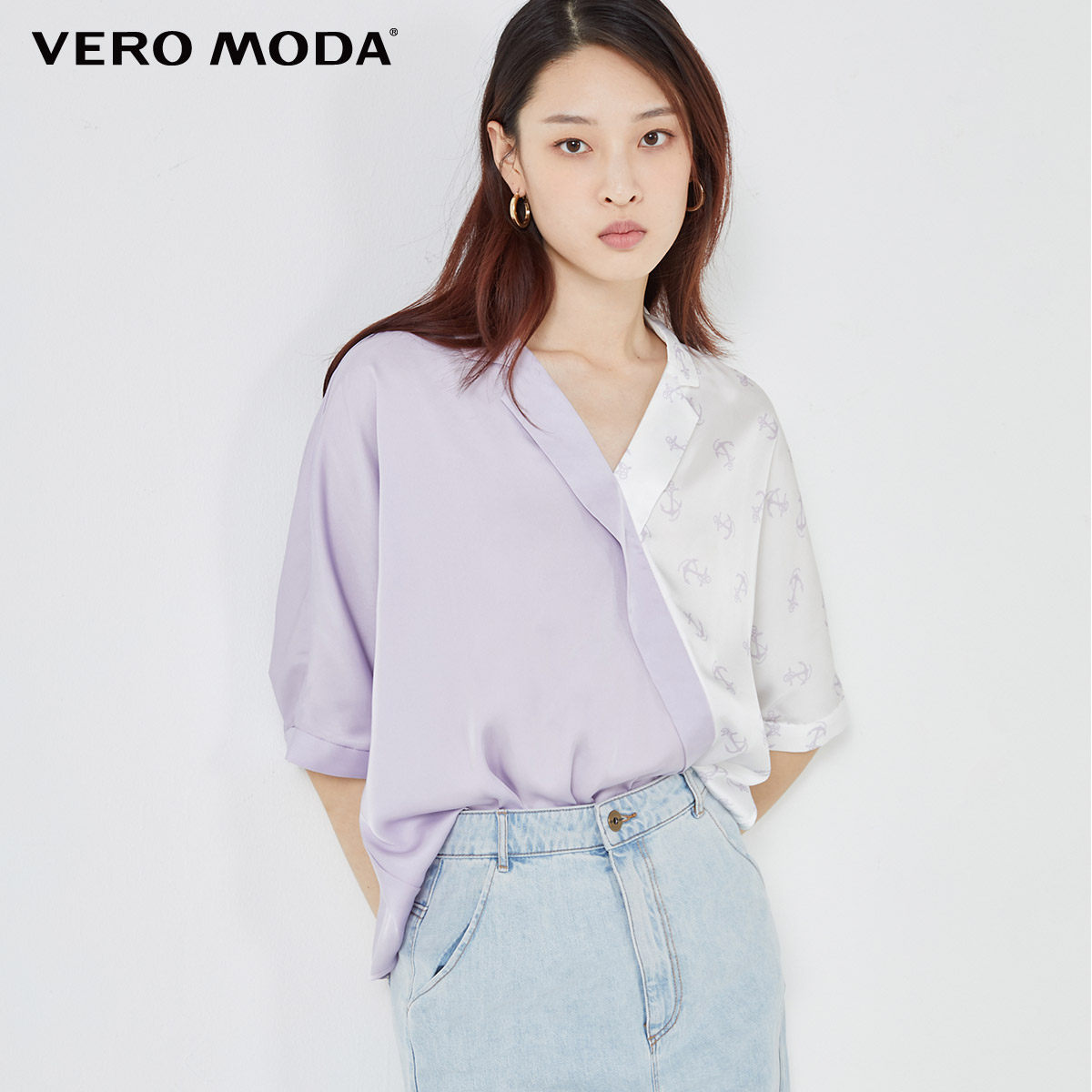 veromoda2021春秋新款小香航海海风拼接半袖衬衣蕾丝衫