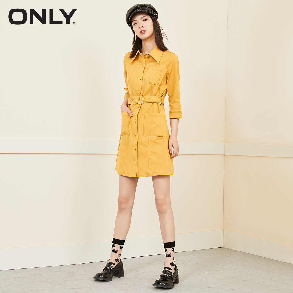 only2021春秋新款纯色翻领大口口袋装饰短款连衣裙连衣裙