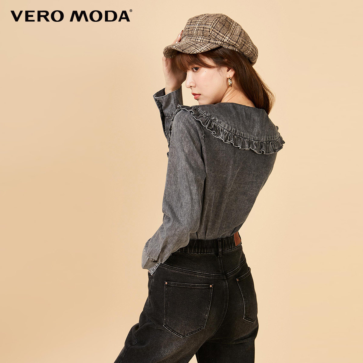 veromoda2021春夏新款复古古纯棉娃娃牛仔衬衫衬衫