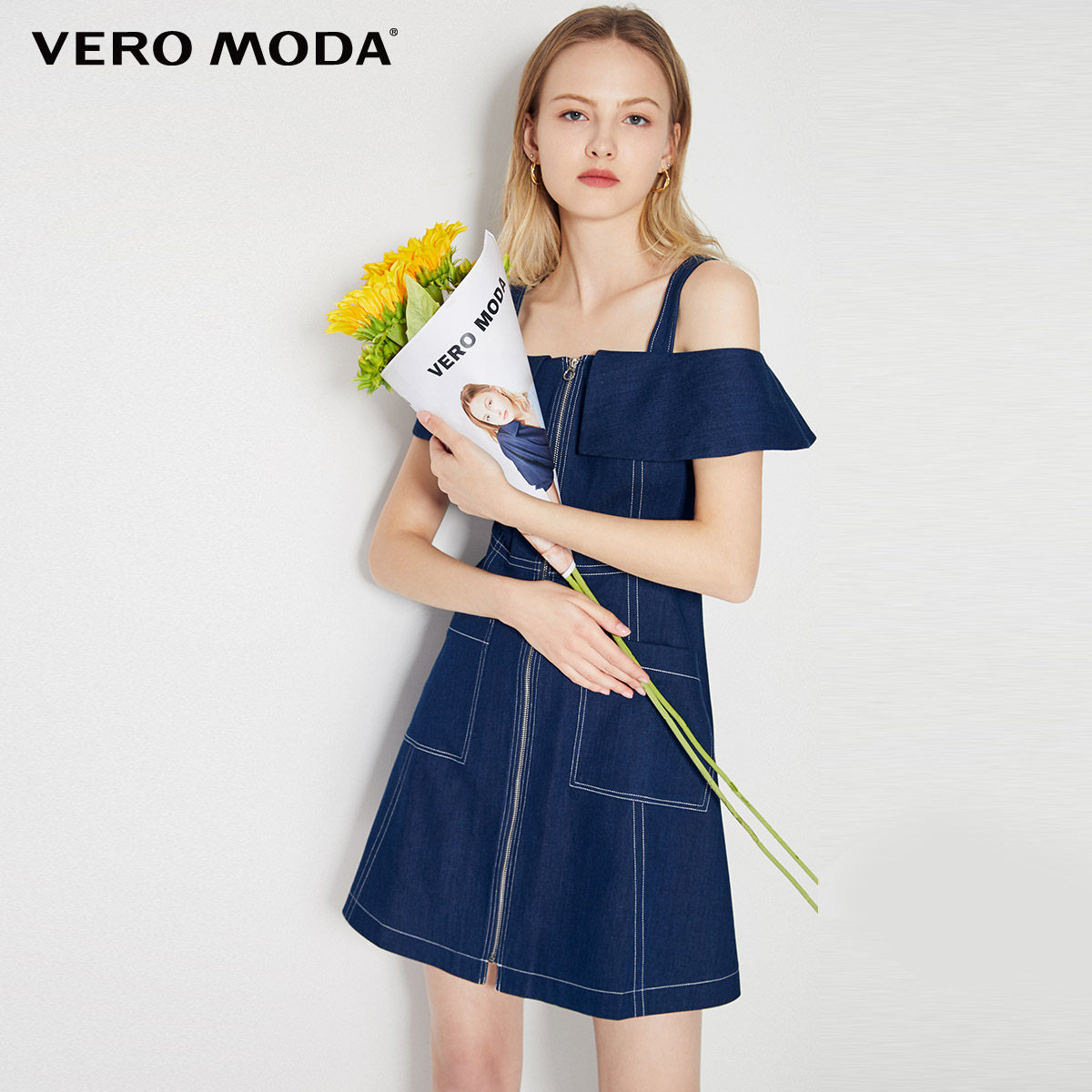 veromoda春夏荷叶一字修身牛仔气质连衣裙320142503连衣裙