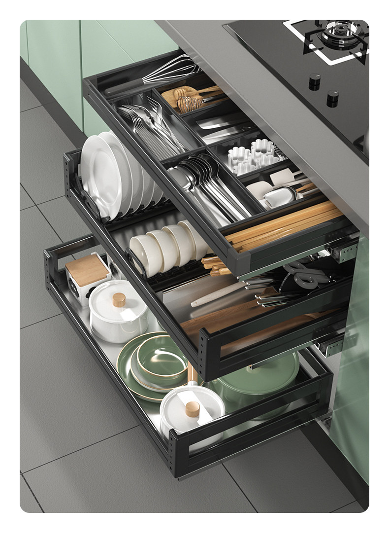 卡贝厨房房地碗碟拉篮纳米铝合金三层抽中抽屉拉篮