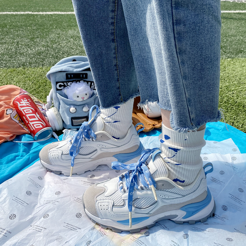 丸子北国产初秋限定蓝色樱花老爹鞋2021新款学生休闲运动鞋女百搭