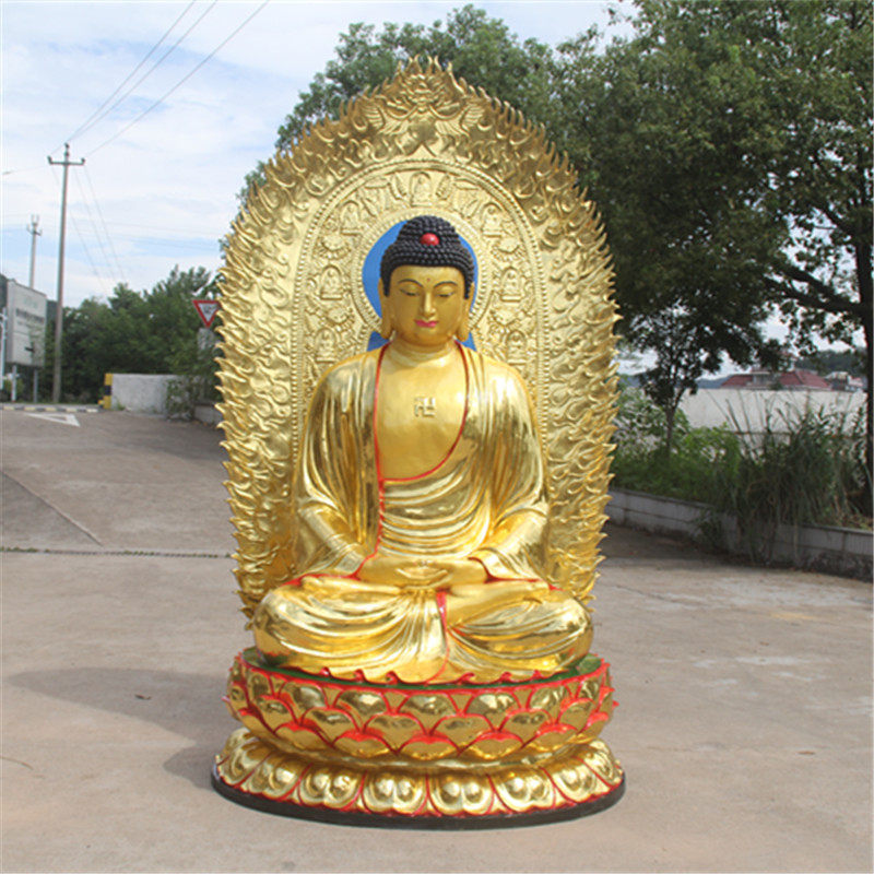 佛像厂家直销树脂三宝2米背光释迦阿弥陀佛贴金摆件