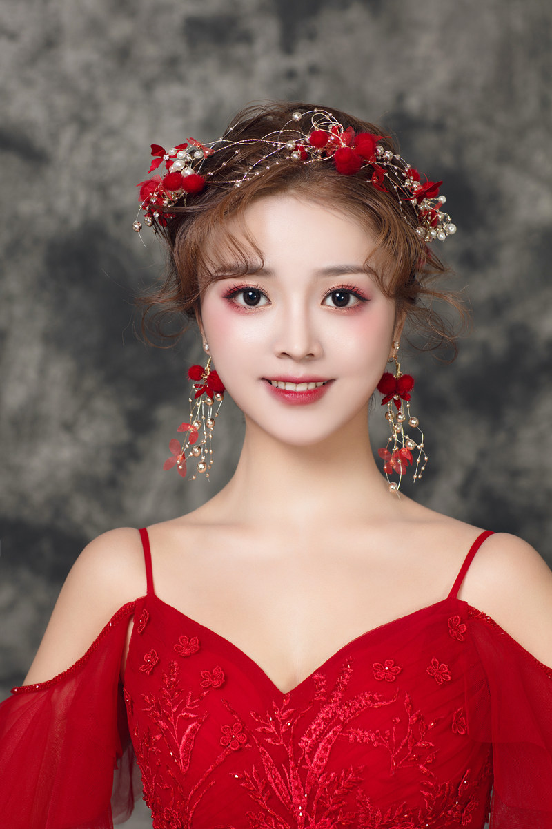 新娘敬酒头饰2021新款结婚发饰耳环红色仙美发饰