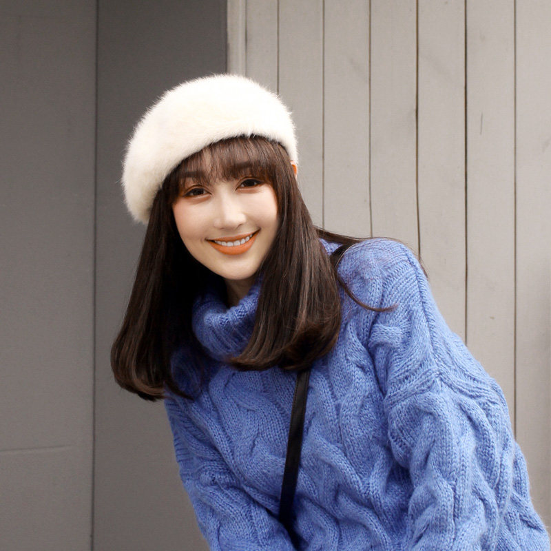 冬季白色贝雷帽女秋冬毛绒蓓蕾帽子可爱毛毛冬天仿水貂毛百搭女士