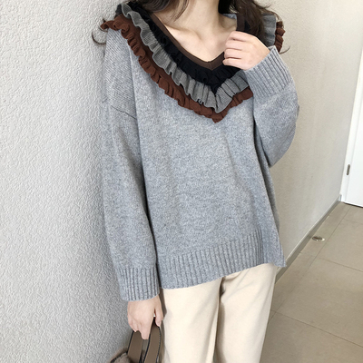 hc14韩国风chic甜美冬拼色木耳荷叶花边v领针织宽松毛衣ox08 x