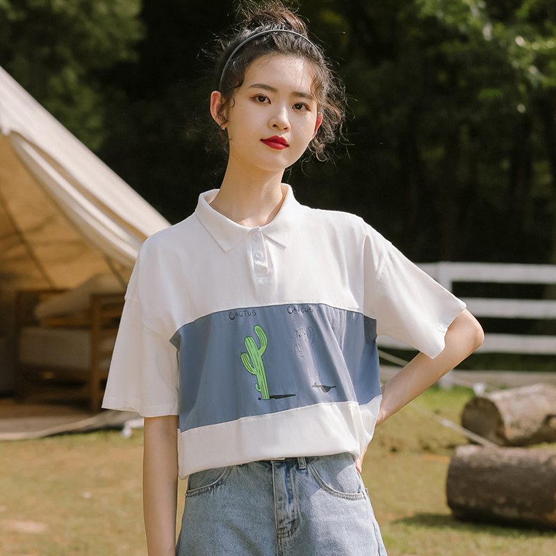 帛卡琪2020夏新款学生polo衫仙人掌短袖t恤女宽松百搭撞色上衣潮 - 图0