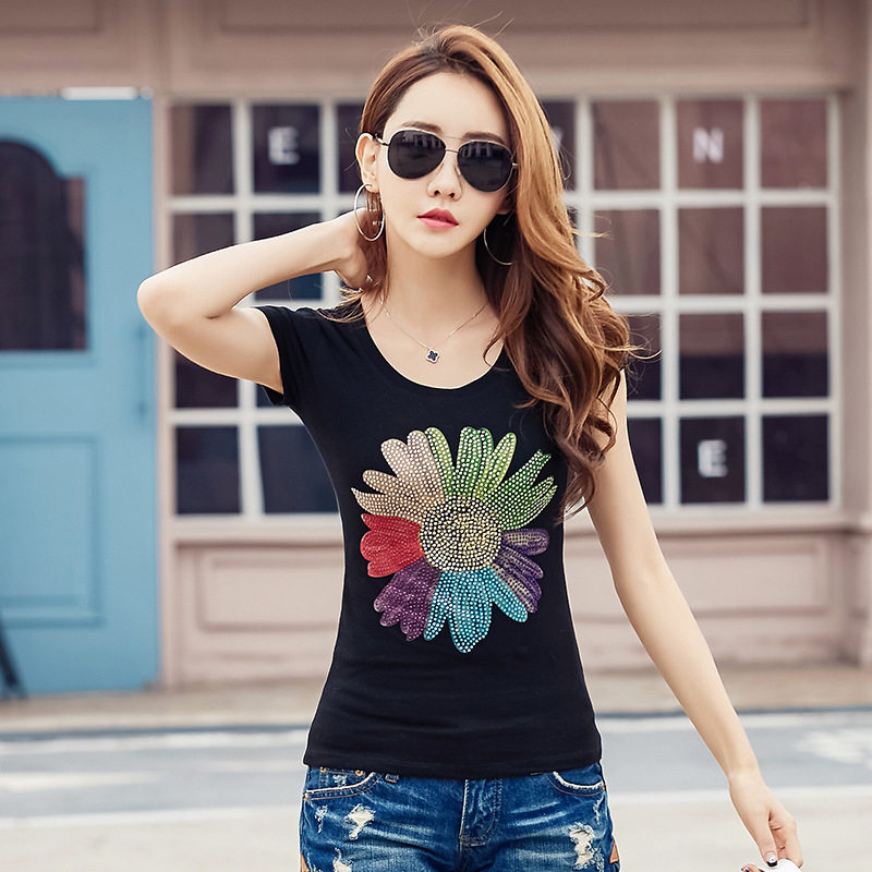 大码上衣带钻体恤烫钻衣服广场舞修身女装夏修身大码女装