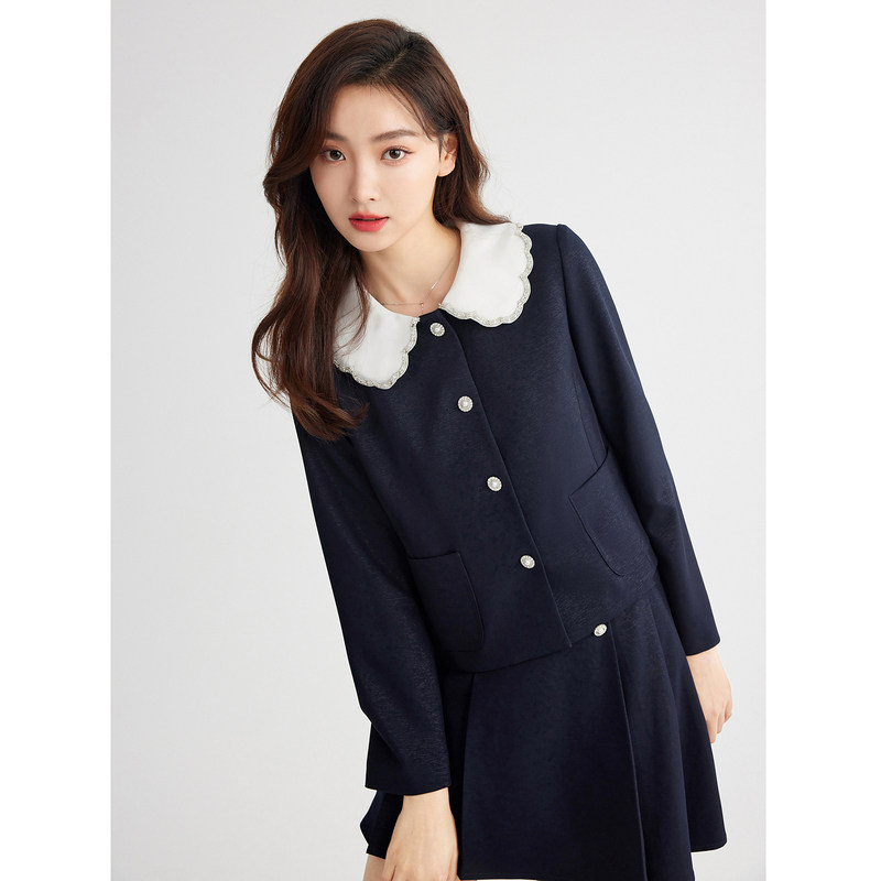 秋水伊人复古小香风短外套2022年秋装新款女装藏青青色短外套