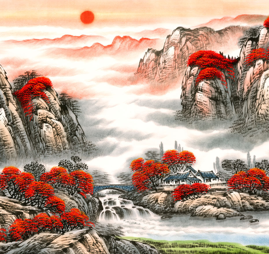 国画靠山泰山日出出图五岳独尊客厅酒店办公室国画