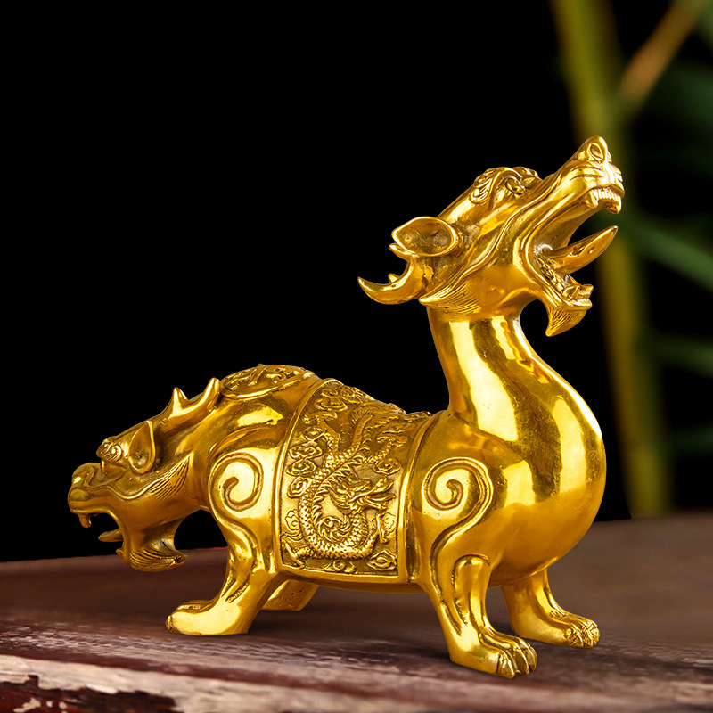 天龙地虎摆件纯铜两头兽镇宅辟家居客厅办公室摆件