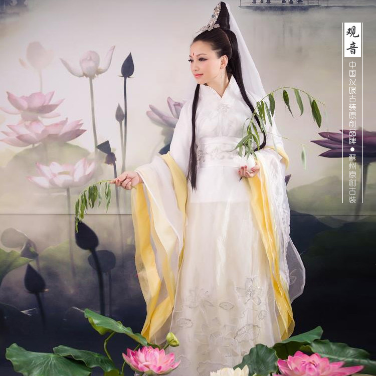 观音菩萨古装服装全套带饰饰品妈祖白色绣花观民族服装