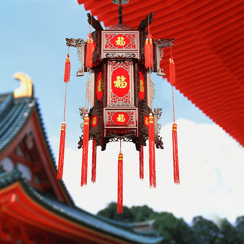 实木仿古宫灯六角红布灯笼古典福字喜庆木质灯笼