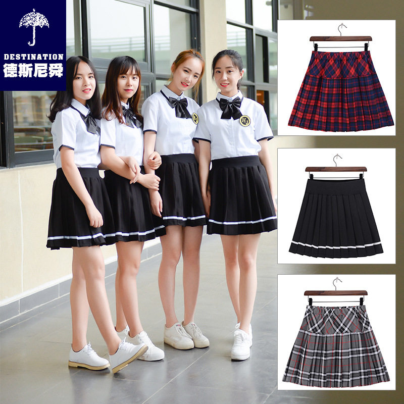 跨境短裙半身松紧百褶高腰学院货源显瘦生女校服