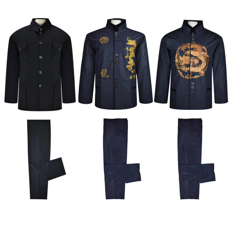 寿衣男现代休闲中山装龙装大衣罩衣裤三件套老人冲喜殡葬用品