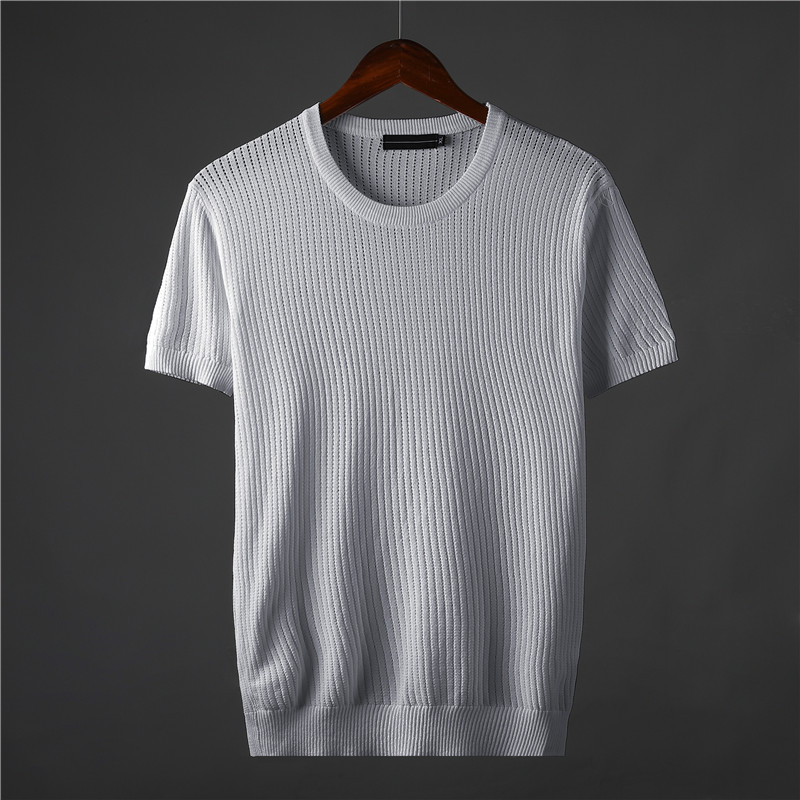 新款夏季冰丝针织衫男薄款短袖宽松圆领透气毛衣半袖T恤镂空线衣