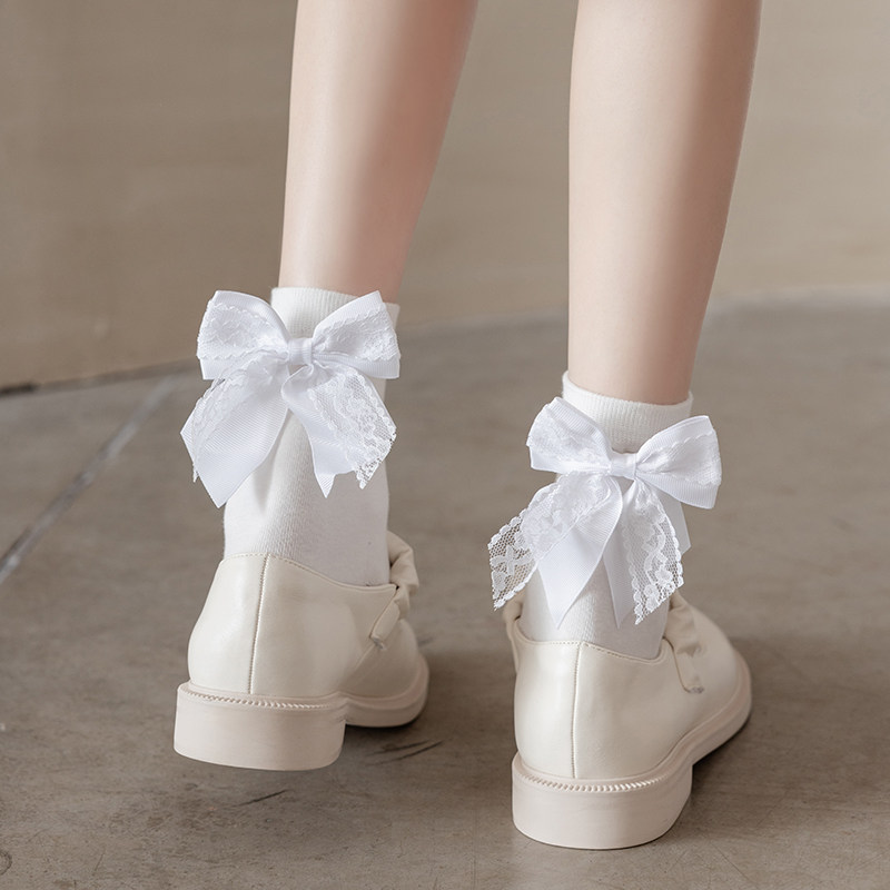 蝴蝶结袜子女后跟猛男男朋友蕾丝网红白色jk春秋中筒袜