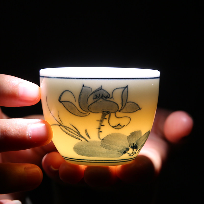 泡茶青花瓷功夫功夫茶茶杯荷花彩绘品茗白瓷手绘茶杯