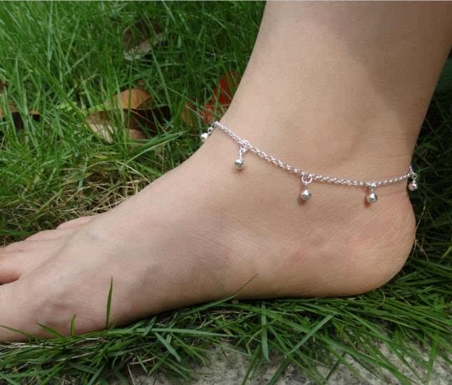 脚链包邮正品纯银银饰细珠莲花铃铛韩国足银脚链
