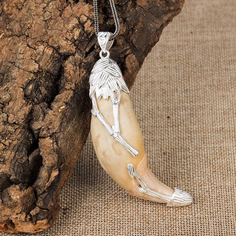 s925纯银银熊保护套竹子包银手工银套藏獒牙银项坠