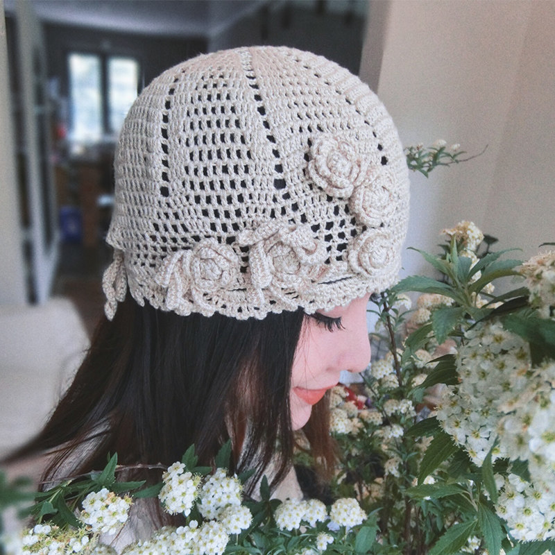 [手工钩织花朵蕾丝镂空帽文艺包头帽]-帽子好货推荐-轻舟网
