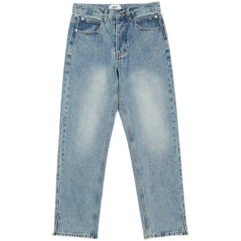 hiphop美式复古街头宽松侧开浅蓝色牛仔裤垂感拖地牛仔裤