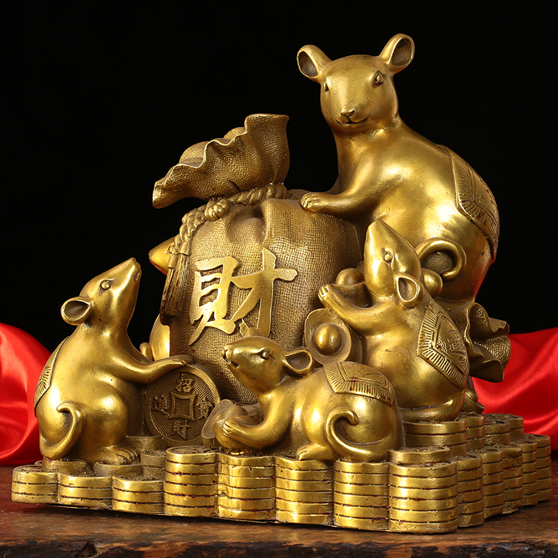 摆件纯铜老鼠五鼠运财黄金袋福禄鼠十二生肖招财摆件
