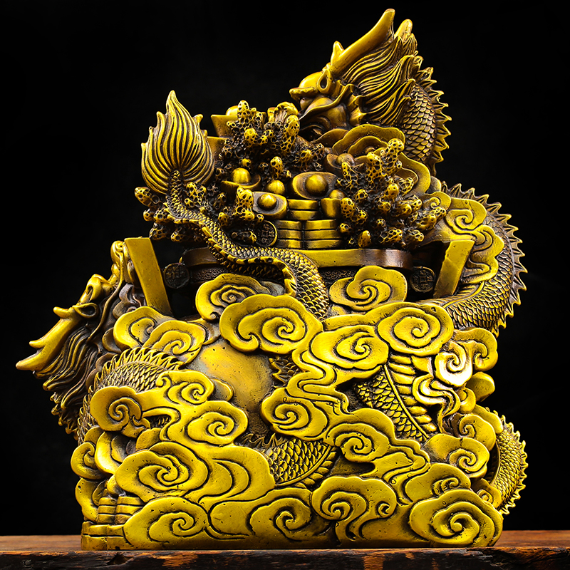 摆件纯铜龙摆件聚宝盆双龙戏珠招财镇转运办公室桌面摆件