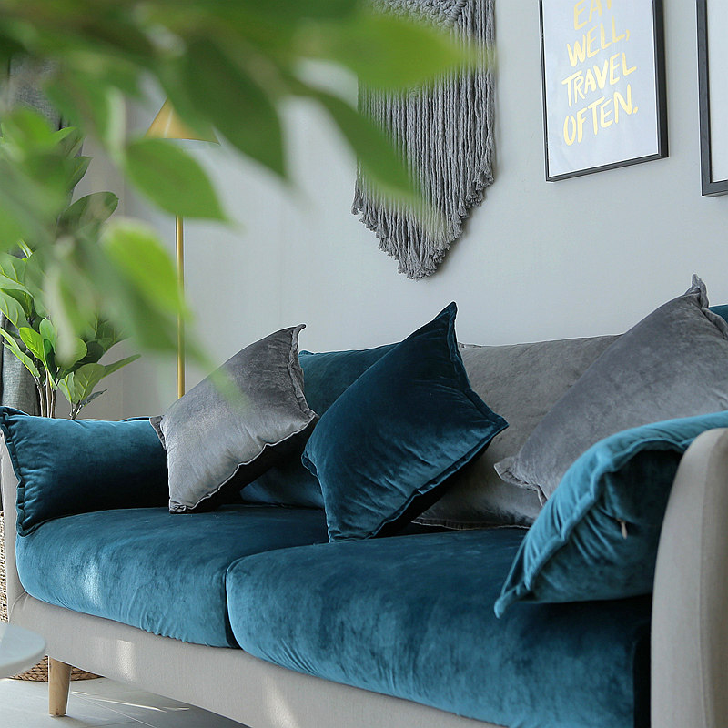 孔雀绿棉麻沙发套四季通用客厅皮沙发罩巾现代简约组合贵妃靠背套